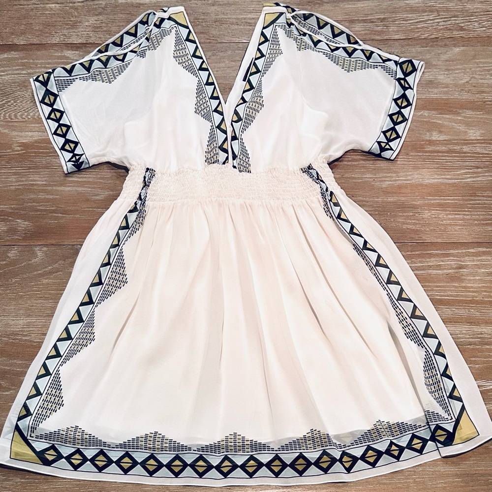 BCBGMaxAzria Grecian Goddess White Silk Minidress with Geometric Pattern, L